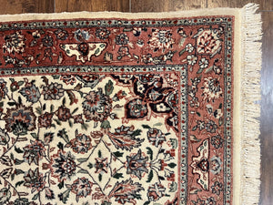 Sino Persian Rug 3x6, Short Runner Rug, Floral Medallion, Beige and Salmon Red, Wool Vintage Hand Knotted Fine Oriental Carpet 3 x 6 ft