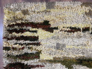 Swedish Rya Shag Rug 5x8, Multicolor Abstract Mid Century Vintage Retro Shag Rug, Soft Fluffy High Pile, Cream Gray Greens, 5 x 8 Shag Rug
