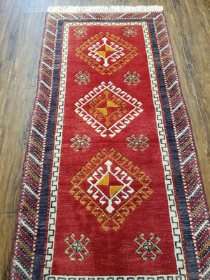 Vintage Turkish Kazak Rug 2.5 x 5 Red Wool Carpet Medallions Runner Geometric
