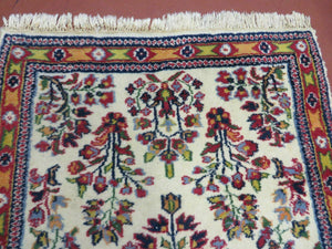 Small Persian Rug 2 x 3, Tiny Persian Sarouk Carpet, Cream Navy Blue Red, Floral Medallion, Vintage Wool Rug, Handmade Hand-Knotted Oriental Rug