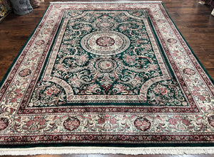 Pak Persian Rug 9x12, Dark Green and Cream, Floral Medallion, Elegant Handmade Wool Carpet 9 x 12