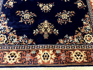 Chinese Wool Rug 8x11, Navy Blue and Terracotta, Floral, Couristan Belgium Power Loomed Carpet