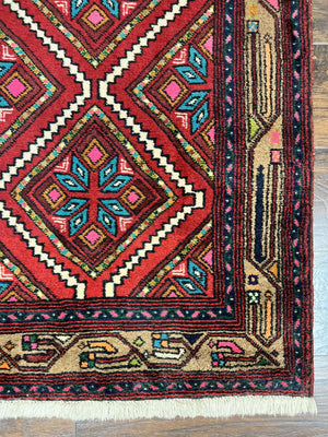 Persian Tribal Runner Rug 3x10, Red Camel Hair Navy Blue, Handmade Hand Knotted 10ft Wool Oriental Vintage Runner for Kitchen or Hallway, Persian Lilihan Hamadan Runner