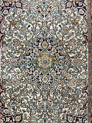 Silk Persian Qum Rug 4x5, Hand Knotted Vintage Carpet, Cream & Navy Blue, Silk Pile on Silk Foundation, Very Fine 360 KPSI