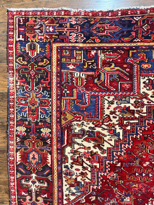 Persian Heriz Rug 9x11 ft, Geometric Rug 9 x 11, Red Room Sized Semi Antique Vintage Wool Hand Knotted Oriental Carpet
