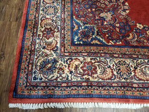 Semi Antique Persian Sarouk Rug 9x12,  Semi Open Field with Central Medallion, Hand Knotted Wool, Tomato Red, 9 x 12 Authentic Oriental Carpet