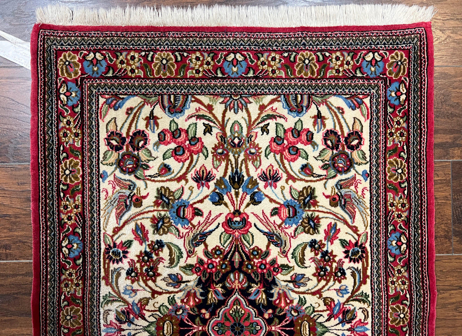 Wonderful Persian Qum Runner Rug 2.8 x 10 ft, Floral Medallions with Bird Motifs, Hand Knotted Wool Fine Oriental 10ft Hallway Runner, Cream Red