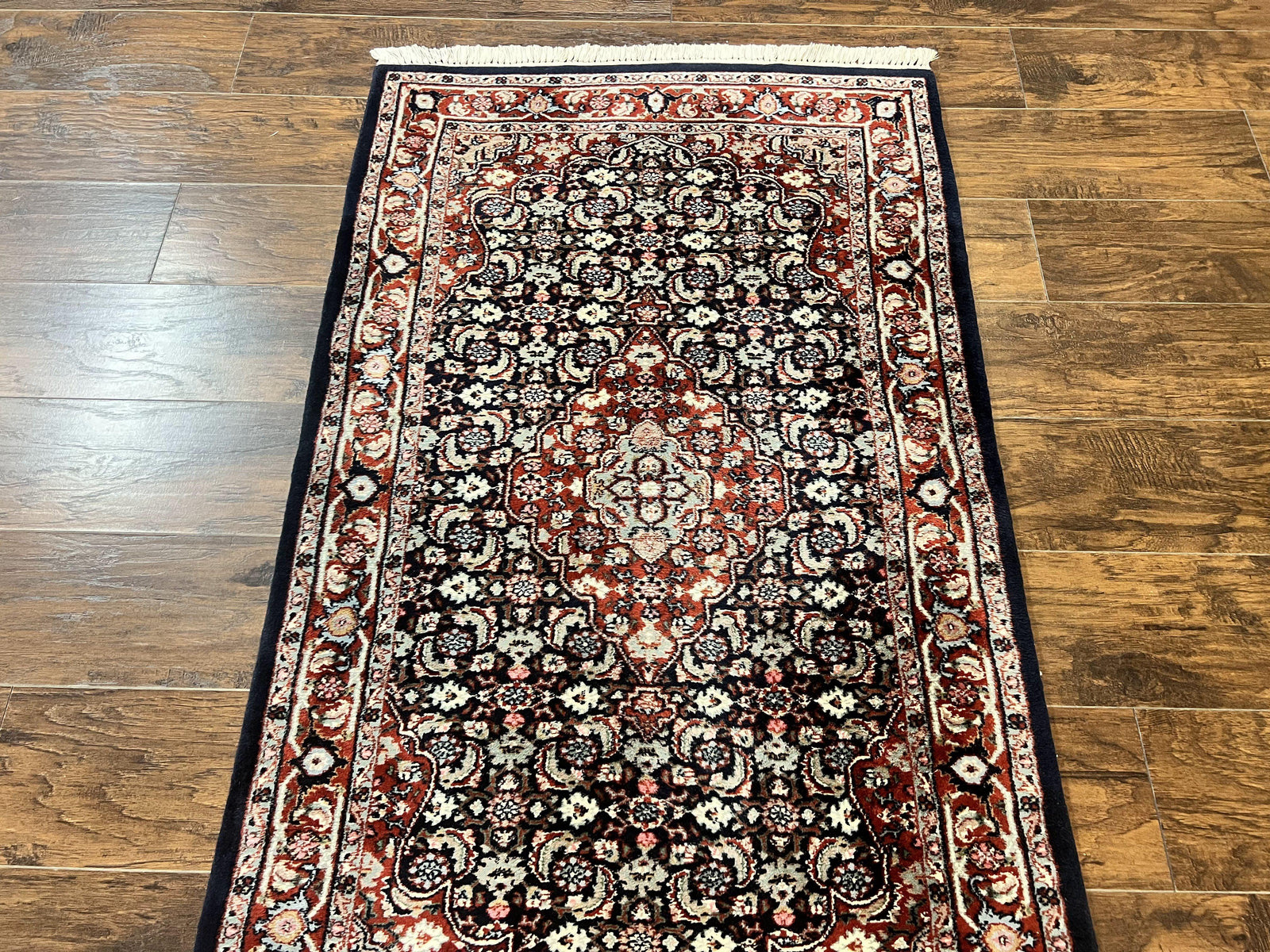 Indo Persian Rug 3x4, Herati Allover Pattern, Midnight Blue and Red, Small Vintage Handmade Wool Rug