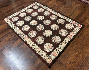 Floral Needlepoint Rug 5x7, Repeated Floral Motifs, Eggplant Color, Handmade Wool Vintage Needlepoint Area Rug 5 x 7 ft, Flatweave Rug