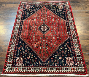 Persian Tribal Rug 3.6 x 5 ft, Persian Abadeh Rug, Geometric Medallion Bird Motifs, Red and Navy Blue Hand Knotted Handmade Wool Vintage Oriental Carpet