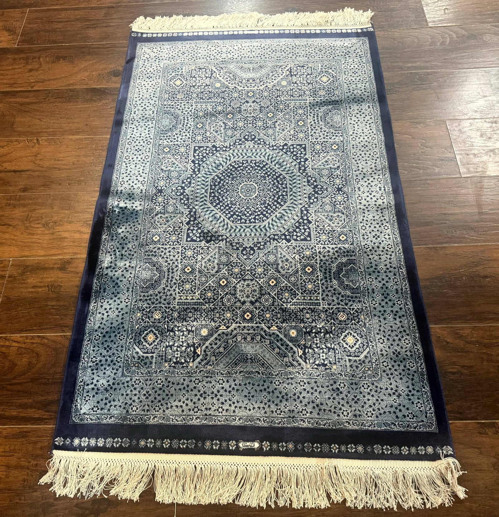 Blue Turkish Silk Hereke Rug 2.6 x 4, Mamluk Red, Blue, Bamboo Silk