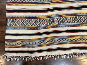 South American Kilim Rug 4x7 ft, Wool Handmade Vintage Carpet, Ivory Black Multicolor Stripes, Bohemian Blanket Rug, Flatweave Area Rug