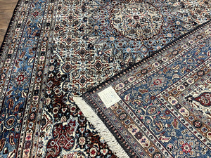 Persian Mashad Rug 7x10, Floral Medallion, Wool Hand Knotted Vintage Oriental Carpet, Blue & Ivory, Traditional Room Sized Rug