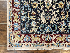Wonderful Persian Isfahan Rug 2.4 x 4, Animal Pictorials Deer, Floral, Handmade Vintage Navy Blue Small Persian Carpet, Very Fine 430 KPSI Kork Wool