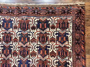 Persian Afshar Rug 4x5, Repeated Motif, Ivory & Burgundy, Wool Tribal Oriental Carpet, Handmade Vintage Semi Antique Medium Sized Rug