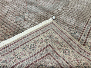 Pak Persian Rug 12x15, Wool & Silk Hand Knotted Vintage Carpet, Mahi Herati Pattern, Beige, Traditional Oversized Extra Large Oriental Rug