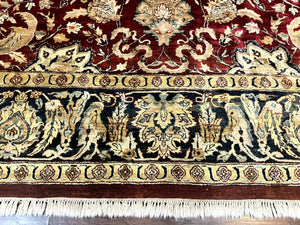 Indo Persian Rug 10x14, Indian Agra Carpet, Vintage Handmade Wool Large Traditional Rug, Dark Red Navy Blue Beige