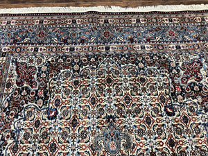 Persian Mashad Rug 7x10, Floral Medallion, Wool Hand Knotted Vintage Oriental Carpet, Blue & Ivory, Traditional Room Sized Rug