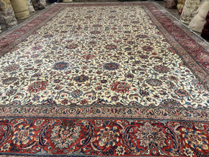 Ivory Persian Sarouk Rug 13x20, Palace Size Carpet, 225 KPSI, Traditional Wool Handmade Vintage Extra Large Rug 13 x 20 ft, Allover Pattern,