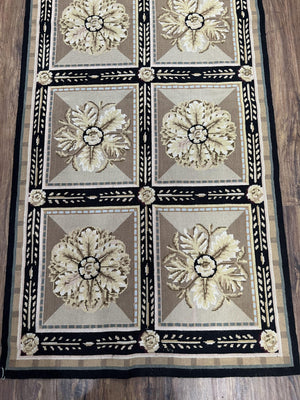 Needlepoint Runner Rug 3x8 Panel Design Rug, Flatweave Runner Rug, English Design, Floral, Short Runner Rug, Black and Beige Wool Hand-Woven