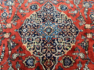 Red Persian Kashan Rug 10x14, Hand-Knotted Semi Antique Floral Medallion Handmade Wool Carpet, Red & Navy Blue