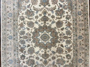 Indo Persian Rug 4x6, Floral Medallion, Beige, Handmade Wool Vintage Carpet 4 x 6 ft