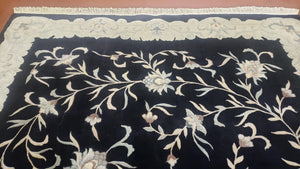 6x9 Vintage Black Gray Chinese Rug 120 Lines Wool Carpet Floral Design Hand-Knotted Soft Pile Entryway Rug Foyer Rug Nice