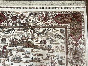 Turkish Silk Rug 5x8, Ivory, Hunting Design, Animal Pictorials, Bamboo Silk