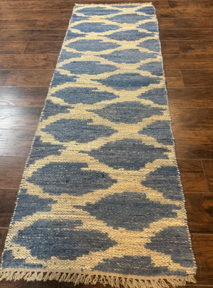 Modern Jute Runner Rug 2.9 x 7.9, Beige and Blue, Handwoven, Kaleen Rug