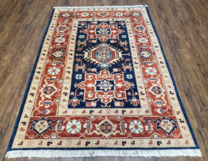 Vintage Turkish Area Rug 4x6, Wool Hand-Knotted, Red & Dark Blue Turkish Persian Pattern Oriental Carpet, 4 x 6 Decorative 1960s Foyer Rug