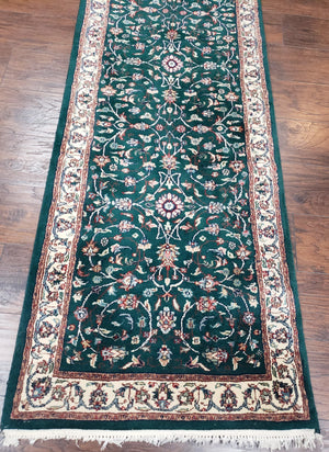 Extra Long Runner Rug 24 ft, Skinny & Long Rug for Hallway Corridor 2.6 x 24 Indo Persian Vintage Wool Rug Green and Cream Handmade Oriental