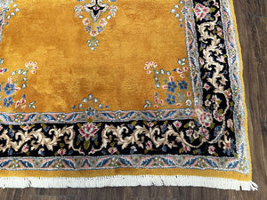 Vintage Persian Kirman Rug 4x7, Unique Colors, Mustard and Black Rug, Open Field with Central Medallion, Wool Oriental Rug, Persian Carpet Handmade
