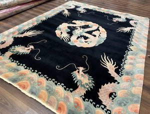 Black Chinese Wool Rug 8x10 with Dragons, Rainbow Borders, Rare
