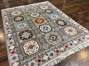 Moroccan Rug 7x8, Wool Hand Knotted Vintage Carpet, Multicolor Panel Design Oriental Rug