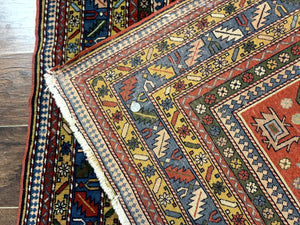 Colorful Persian Ardabil Rug 4x7, Red Blue Gold, Geometric Caucasian Design, Vintage