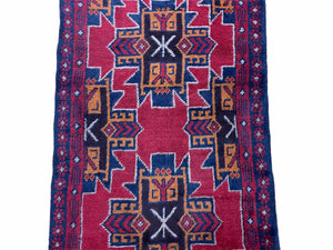 2' 8" X 4' 6" Vintage Handmade Tribal Wool Rug Balouchi Rug Afghan Rug Red Blue