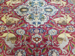 Antique Turkish Sivas Area Rug 8x11, Hand-Knotted, Vintage Red Wool Carpet, Gazelles Lions, Boteh Border, 8' x 11' Top Quality Oriental Rug