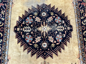 Indo Persian Heriz Rug 8x12, Camel Hair Tan and Navy Blue, Decorative