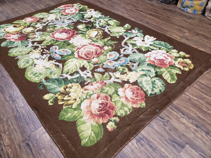 Floral Needlepoint Rug, Medium Rug, Vintage Area Rug, Handmade Flat Weave Rug, Dark Brown Rug, Multicolor Large Colorful Flowers, 6x8