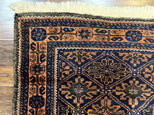 Small Antique Persian Rug 2.7 x 4.7, Handmade Wool Rug, Navy Blue, Balouch Rug, Tribal Rug