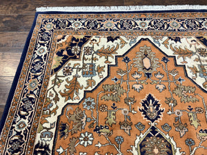 Indo Heriz Rug 6x8, Wool Hand Knotted Vintage Oriental Carpet, Orange-Red Ivory & Navy Blue, Medallion Rug, Handmade Indo Persian Rug