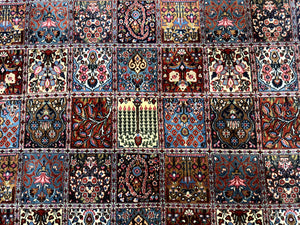 Wonderful Persian Qum Rug 10x13, Panel Design, Fine 260 KPSI, Signed, Red Multicolor
