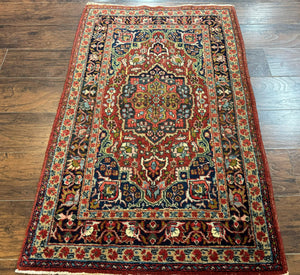 Antique Persian Tabriz Rug 3x5, Brick Red Navy Blue, Floral Medallion, Small Persian Carpet