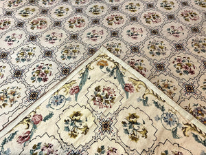 Needlepoint Rug 10x14, Wool Handmade Vintage Needlepoint Carpet, Floral Panel Design, Ivory/Cream