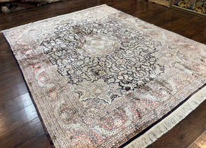 Silk Indian Kashmiri Rug 8x10, Floral Medallion, Indo Persian Carpet, Handmade Vintage Silk Rug