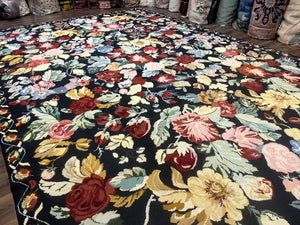 Palace Size Needlepoint Rug 12x18, Vintage Spanish Portuguese Carpet, Floral Design