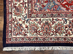 Indo Persian Rug 10x15, Floral Allover, Handmade Vintage Wool Carpet, Dark Blue Ivory Red, Palace Size Traditional Rug