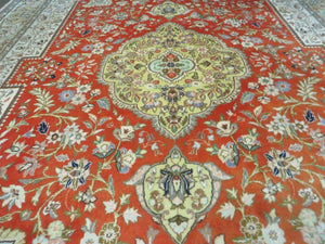 Vintage Persian Tabriz Rug 9x12, Tabatabaie Rug 9x12 Carpet, Handmade Hand Knotted Wool Area Rug, Tomato Red Beige, Medallion Rug, Floral
