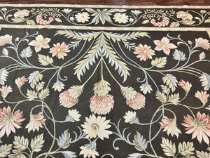 Large Needlepoint Rug 11x16, Dark Green Floral Elegant European Design Vintage Wool Handmade Carpet, Palace Size Rug