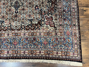 Persian Mashad Rug 7x10, Floral Medallion, Wool Hand Knotted Vintage Oriental Carpet, Blue & Ivory, Traditional Room Sized Rug